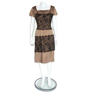 FERMAN O'GRADY Vintage Tan Black Lace Fitted Short Sleeve Sheath Dress M/L /9651